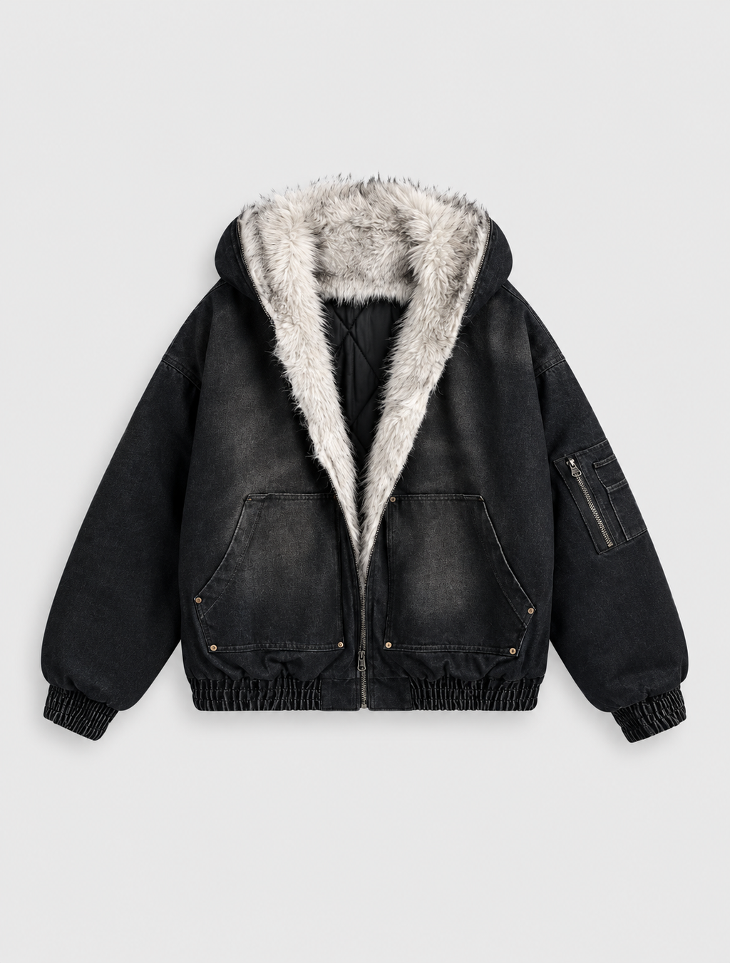 Fur Lined Acid Wash Bomber Jacket