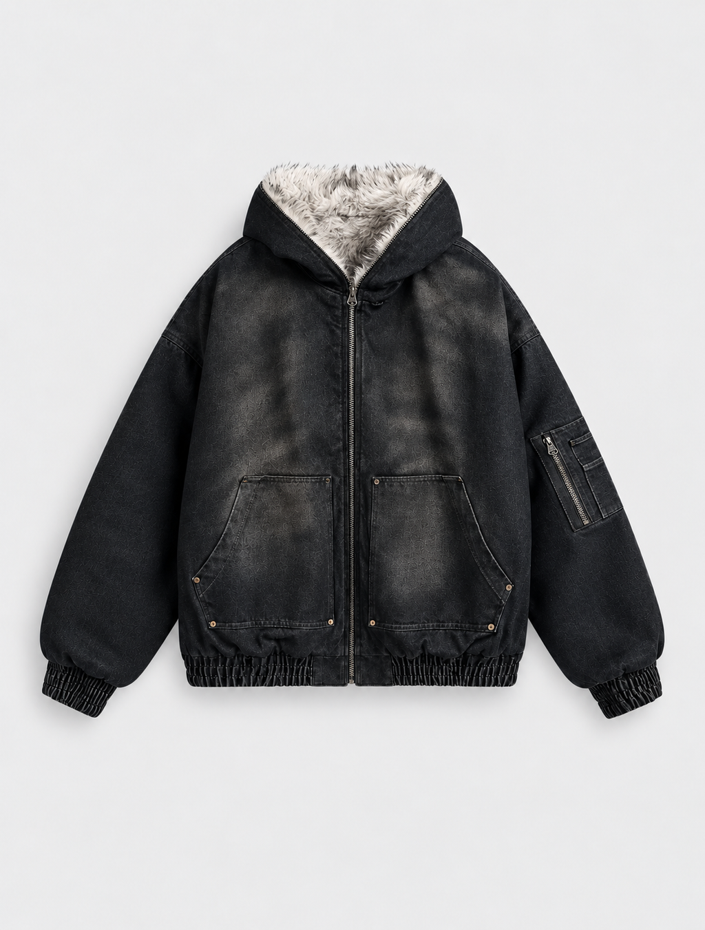 Fur Lined Acid Wash Bomber Jacket